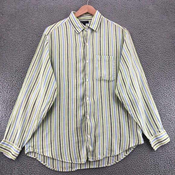 Banana Republic Shirt Mens Large Linen Green Striped Button Collar Long Sleeves - Picture 1 of 10